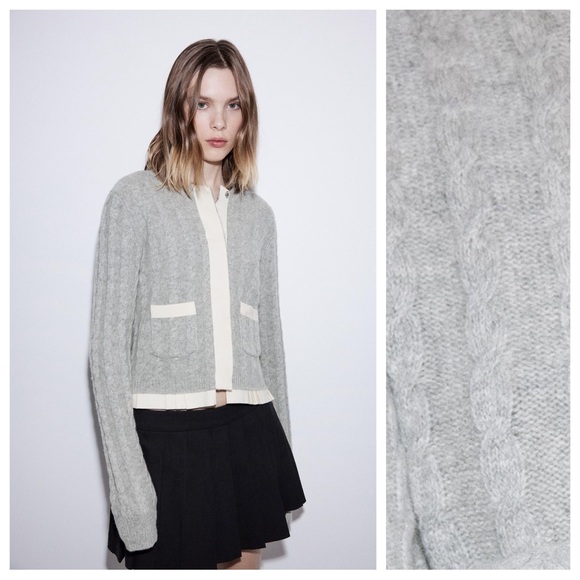 Zara Sweaters - NWT. Zara Grey 100% Wool Cable-Knit Cardigan with Trims. Size L.